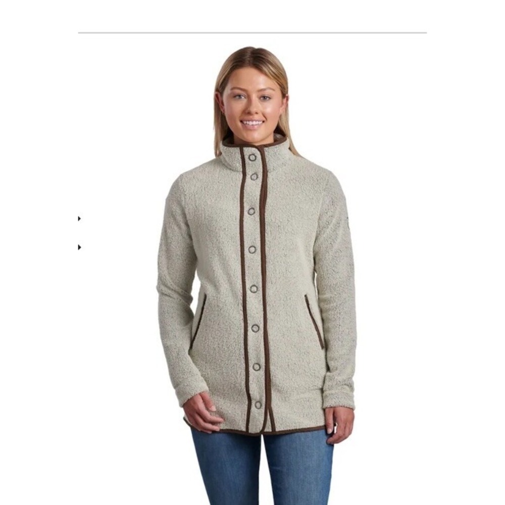 Kuhl Women's Clifton Snap Long Jacket Size Large Beige Fleece Trim Athletic Fit